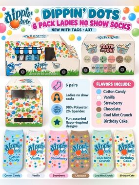 DIPPIN’ DOTS 6 PACK LADIES NO SHOW SOCKS – ASSORTED (NEW WITH TAGS) A37